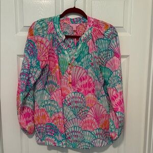 Lilly Pulitzer silk Vibrant Pink & Teal Shell-Print Women's Blouse